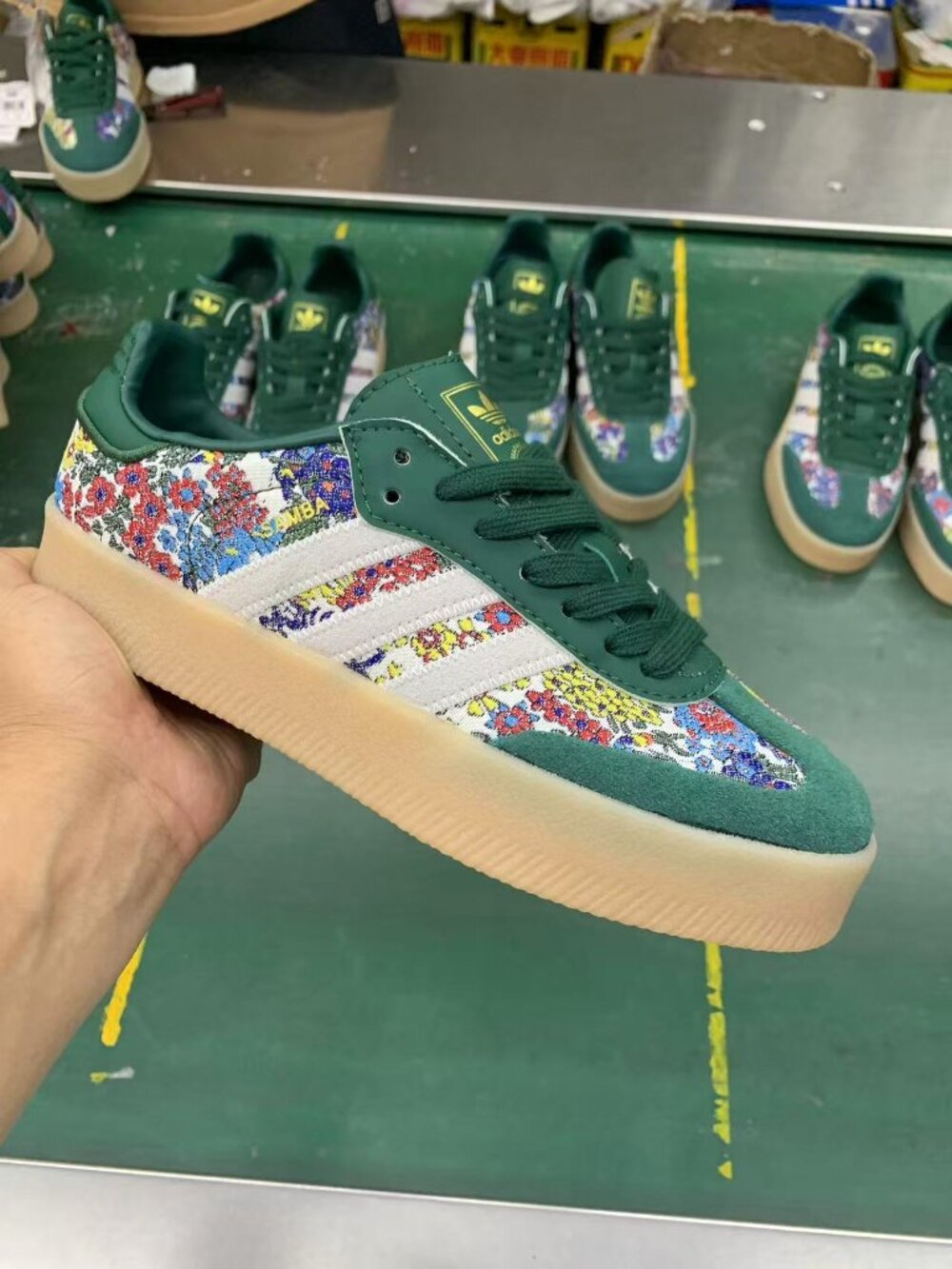 Adidas Samba Green Floral Tapestry Gum Sole Sneakers